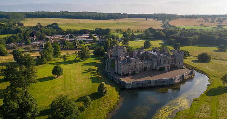 Drone shot of Raby Castle and surrounding park land and walled garden.
